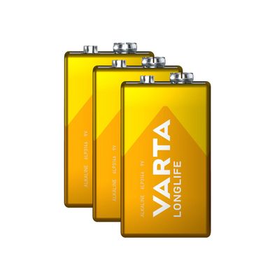 3x Varta 9V Block E Block 4122 Longlife Alkaline 6LR61 MN1604 lose