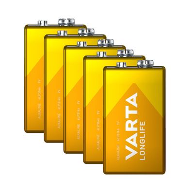 5x Varta 9V Block E Block 4122 Longlife Alkaline 6LR61 MN1604 lose