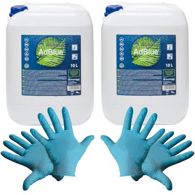 2x AGROLA Harnstofflösung AdBlue® inkl. Füllschlauch 10 L + 2 paar Einweg Nitril-Hand