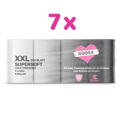 ROOSA Supersoft XXL Toilettenpapier in weiß 7x 8 Rollen, 3-lagig, 250 Blatt pro Rolle