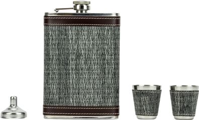 Flachmann-Set Edelst. grau antik Holz-Geschenkbox 80z/240ml