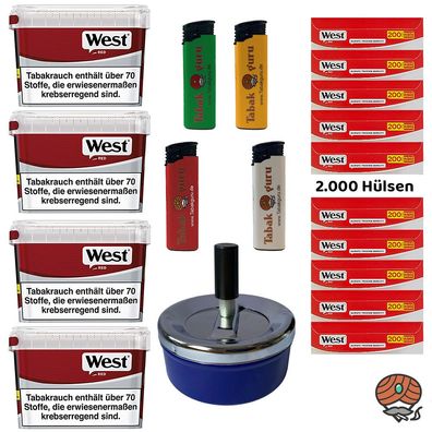 West Red/Rot Volumentabak Mega Box 4x 110g, 2000 Hülsen, Feuerzeuge, Drehascher