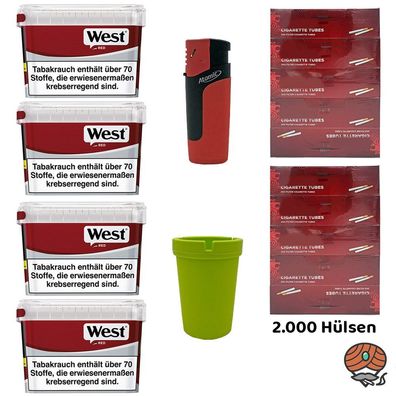 WEST Red Volumentabak Mega Box 4x 110g, 2000 Hülsen, Autoascher, Feuerzeug