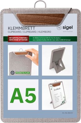 SIGEL KB224 Klemmbrett DIN A5 hellgrau/braun, mit Aufstellfunktion, stabiles, stylisc