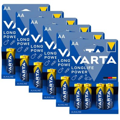 6x Varta Long Life Power AA Mignon Alkaline Batterien LR6 4er Blister 1,5V