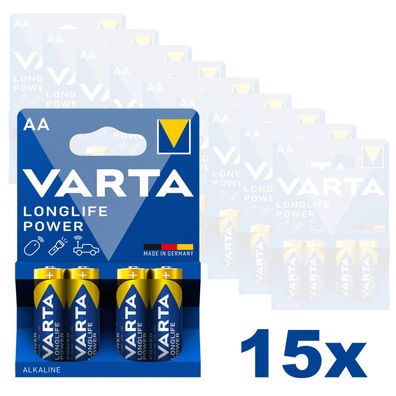 15x Varta Long Life Power AA Mignon Alkaline Batterien LR6 4er Blister 1,5V