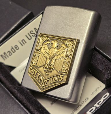 Zippo GOTT MIT UNS, Reichsadler EK, Emblem (Custom PIN Style) Chrom satin CS #056