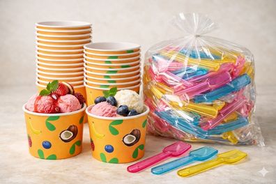 Sommer Profi Eis Set 1kg Mehrweg Eislöffel + Eisbecher Pappe 250 ml Papur plastikfrei