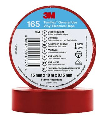 3M Temflex Vinyl-Isolierband 165 Rot 15 mm x 10 m 100 Rollen