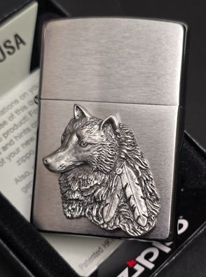 Zippo Indian WOLF Feather (Custom PIN Style) Lighter, Chrom gebürstet CG #202