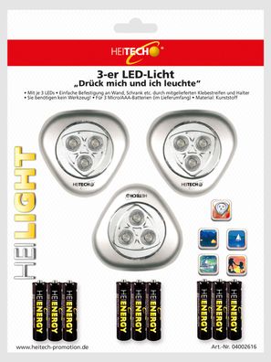 Heitech LED Lichter 3er Pack für Innenbereich - batteriebetriebene Wandleuchte