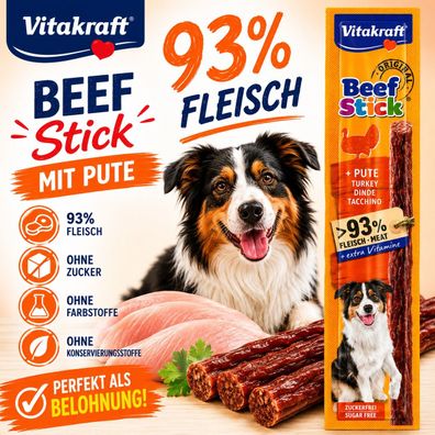 Vitakraft Beef Stick Pute 12g Hundesnack 93% Fleisch Zuckerfrei