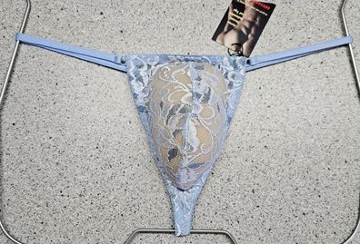 Herren String Tanga minimalistisch elastische Spitze Hellblau Jeans transparent