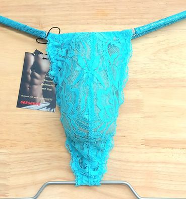 femininer mini Herren String Tanga Spitze elastisch in Helltürkis transparent