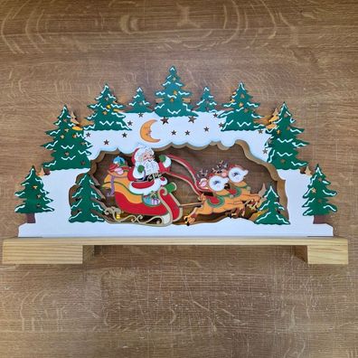 LED Holzleuchter Weihnachtsmann im Schlitten Batterie 28x45cm innen 004-44