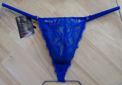 Royalblauer Herren String Tanga Spitze minimalistisch elastisch transparent