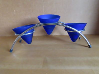 Teelichthalter mit 3 blauen spitzen Gläsern Glas Metallbogen ca. 26,5 cm lang
