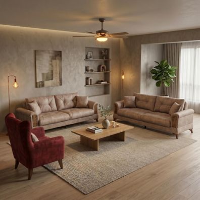 Sofa Set 2x 3 Sitzer 1x Sessel Modern Braun Rot Luxus Couch Garnitur