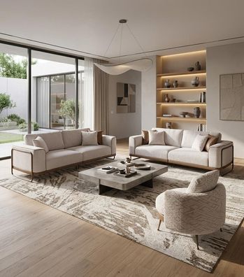 Sofa Set 2x 3-Sitzer Sofa 1x Sessel Modern Edel Weiß Luxus Design Neu