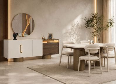 Elegantes Eszimmer Komplettset Edler Esstisch 4x Textilstühle Sideboard