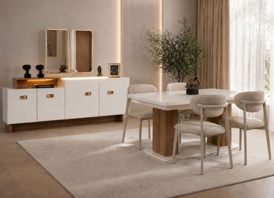 Elegantes Weißes Esszimmer Set Holztisch 4x Polsterstühle Sideboard