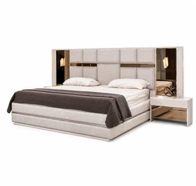 Luxuriöses Beiges Schlafzimmer Set Großes Doppelbett 2x Nachttische