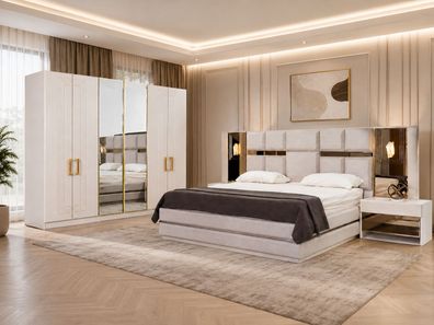 Modernes Weiß-Beiges Schlafzimmer Set Doppelbett 2x Nachtkonsolen