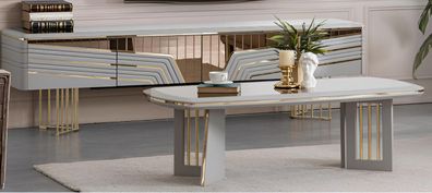 Wohnzimmer-Set Weib/Gold 2-teilig | Elegantes Sideboard & Couchtisch