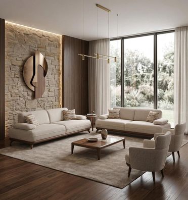Sofa Set 2x 3-Sitzer Sofa 2x Sessel Moderner Stil Beige Gemütlich Neu