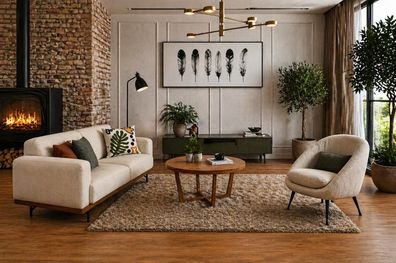 Weißes 3-Sitzer Sofa Set mit Sessel Gemütlich Modern Stoff 2 tlg