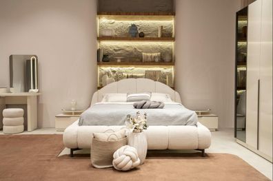 Schlafzimmer Set Bett 2xNachttisch Beige Moderner Stil Gemütlich Bequem