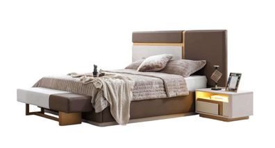 Schlafzimmer Set Moderner Stil Beigefarben Weiches Bett Holzrahmen
