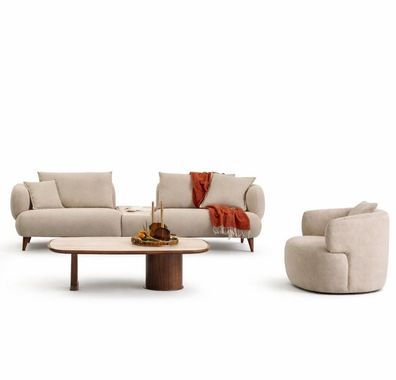 Wohnzimmer Set Moderner Stil Beige Farbe Einfarbiges Sofa Holzrahmen