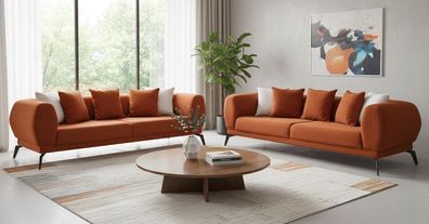 Wohnzimmer Sofa Set 3 + 3 Sitzer Orange Komfortabel Elegant Sofagarnitur