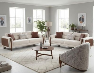 Modernes Beige Sofa Set 3 + 3 + 1 Sitzer Stoffsofa Wohnzimmer Elegant Polstermöbel
