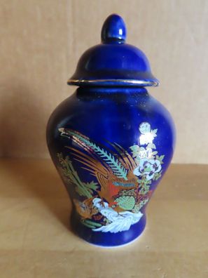Vase Deckelvase blau klein mit Pfauenpärchen und Pflanzen ca. 10,3 cm H