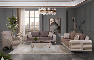 Braun-Beige Sofagarnitur Stilvolle Polstersofas Designer Sessel Set