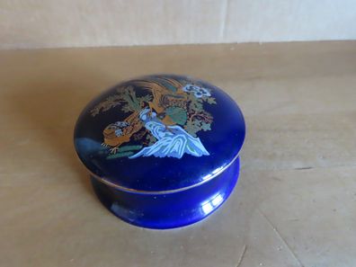 Schälchen mit Deckel blau klein mit Pfauenpärchen und Pflanzen ca. 3,4 cm H