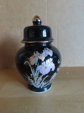 Vase Deckelvase schwarz klein mit Eisvogel und Lilien ca. 11,7 cm H