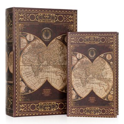 Buchhüllen Set Weltkarte Braun-Gold - 2-teiliges Geheimversteck im Antik-Stil - Deko