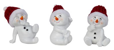 3 Stück Schneemann Figuren rot sitzend 11,5cm Weihnachten Dekofigur Winterdeko