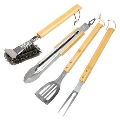 eluno Grillbesteck 4er-Set, aus Edelstahl mit Bambusgriffen