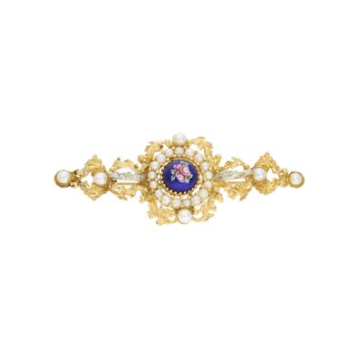 Gold Brosche 750 Vintage Email, Perlen Second Hand 25326400 getragen wie neu