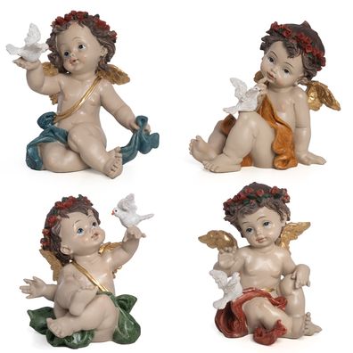 Engel Figur Set 4 Stück mit Taube - Deko Engel sitzend aus Polyresin - Handbemalte En