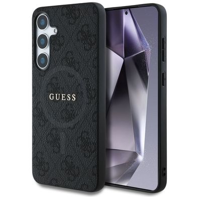 Handyhülle Galaxy S25 Guess Kunstleder grau Magsafe goldfarbenes Logo