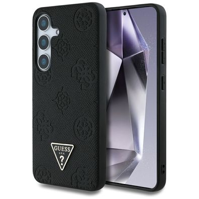 Handyhülle Galaxy S25 Guess Kunstleder schwarz MagSafe Logo Triangle goldfarben