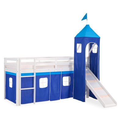 Kinderbett Hochbett Massiv Kiefer weiß blauer Vorhang, Rutsche, Turm Spielbett