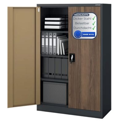 Aktenschrank abschlie?bar KEVIN 140x90x40cm Anthrazit-Nussbaum 4 Ebenen verstellbar