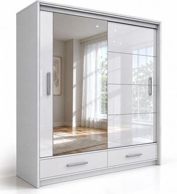 Schiebeschrank Marsellie 203 cm, Kleiderschrank, Hochglanz, Spiegel, Schubladen