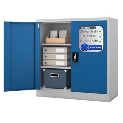 Aktenschrank abschlie?bar BEATA 93x90x40cm Grau-Blau 3 Ebenen verstellbar Fl?gelt?ren